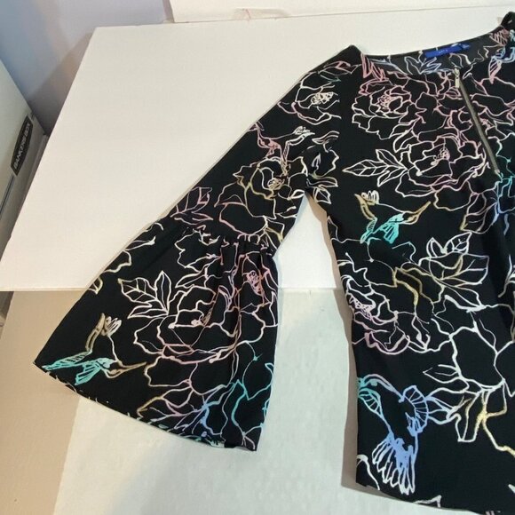 Apt.9 Black Floral scoop Neck Bell Sleeves Blouse with Front Zipper Size XS - Picture 8 of 12